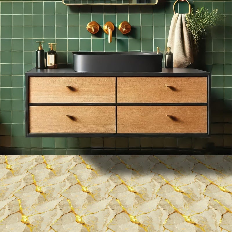 HOMETITUTE 10 قطع بلاط أرضيات بتصميم رخامي ذهبي مقاس 12x12 بوصة قابل للإزالة واللصق ذاتيًا لملصقات الفينيل DIY للمطبخ والحمام وغرفة المعيشة ومدخل المنزل وزينة المنزل - Image 5